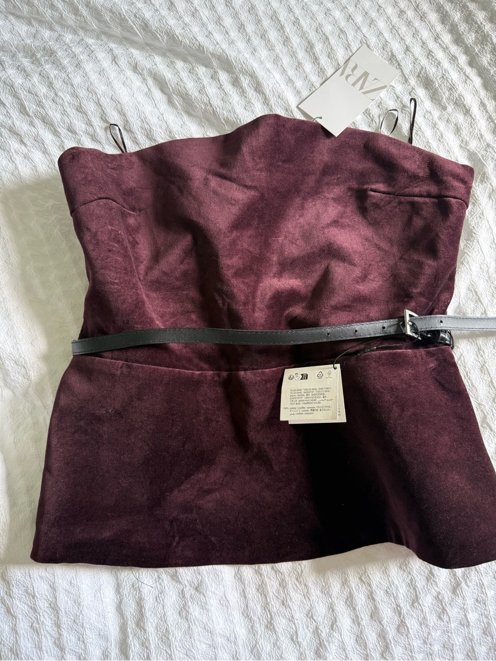 Zara Strapless Dress in Deep Burgundy with Black Belt